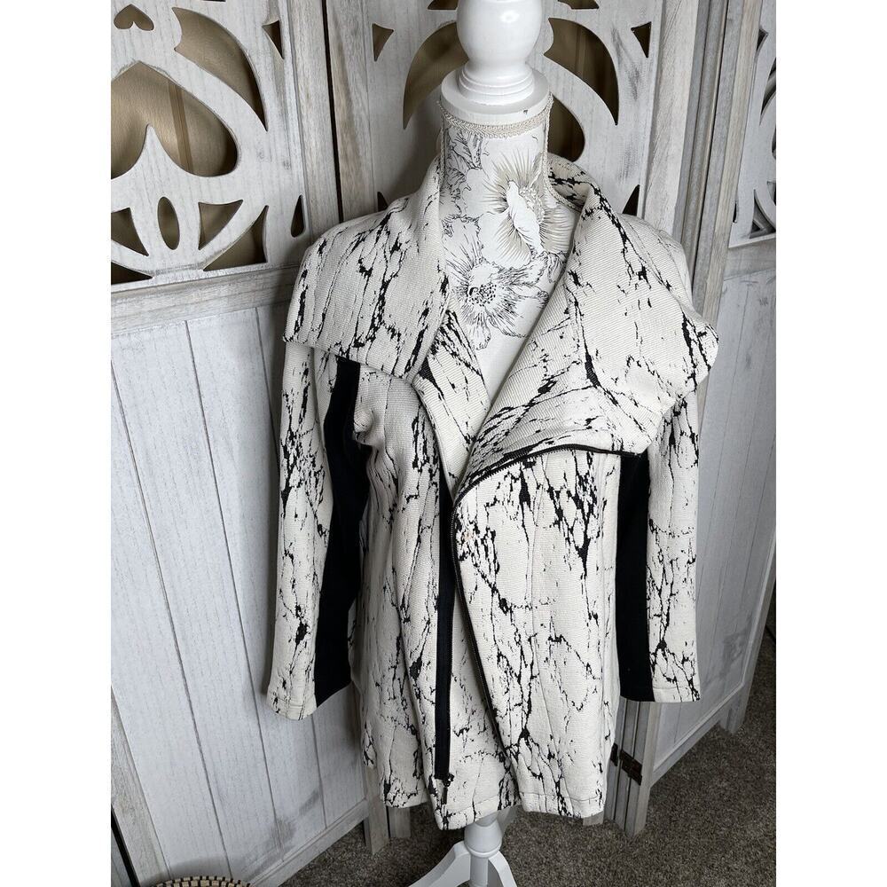 Comfy USA Cream Black Soft Knit Button Long Blazer Jacket Motorcycle Sz Medium